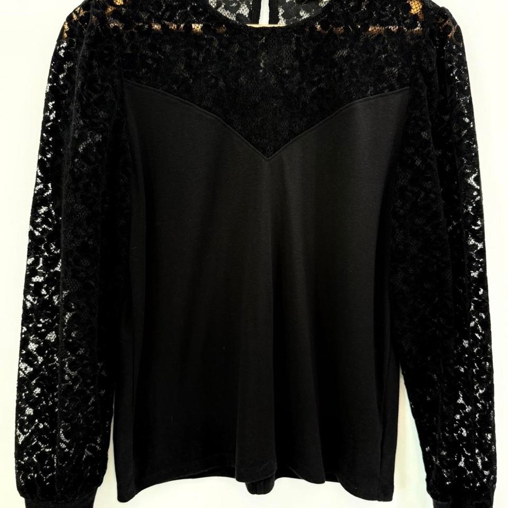LOFT Lace Blouse‎ Black Long Sleeve Crew Neck Sheer Solid M